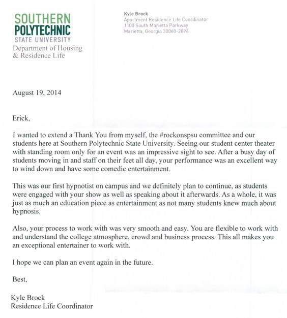 Atlanta Hypnotist Show Testimonial from Southern Polytechnic State University